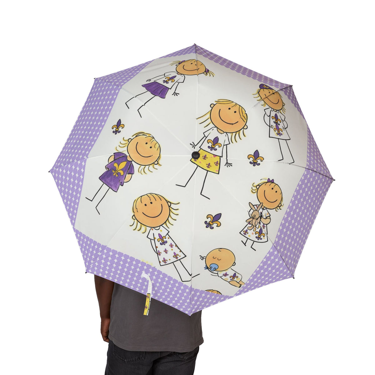Cute Purple Kids Umbrella — Stick Figure Girls Pattern Semi-Automatic Foldable Umbrella