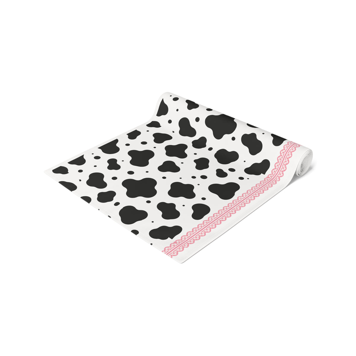 Cow Print Table Runner with Pink Trim — Farmhouse Cotton/Poly Dining Decor