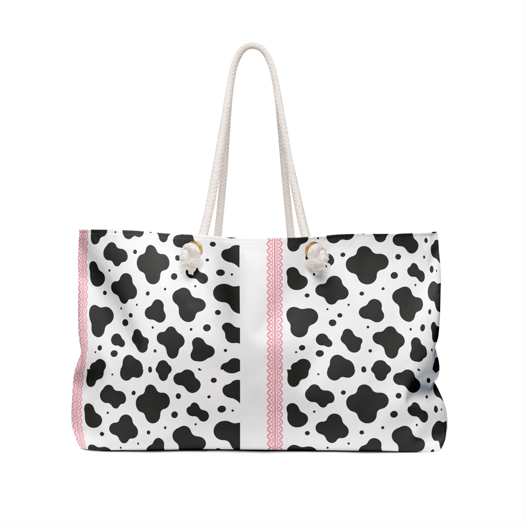 Cow Print Weekender Bag — Black & White Pattern with Pink Stripe