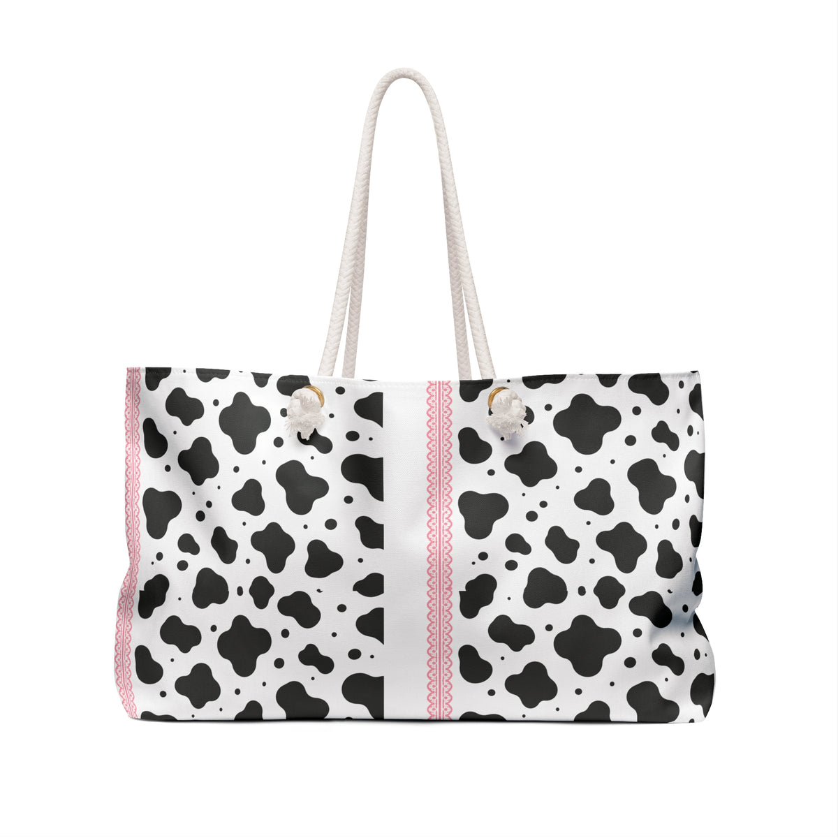 Cow Print Weekender Bag — Black & White Pattern with Pink Stripe