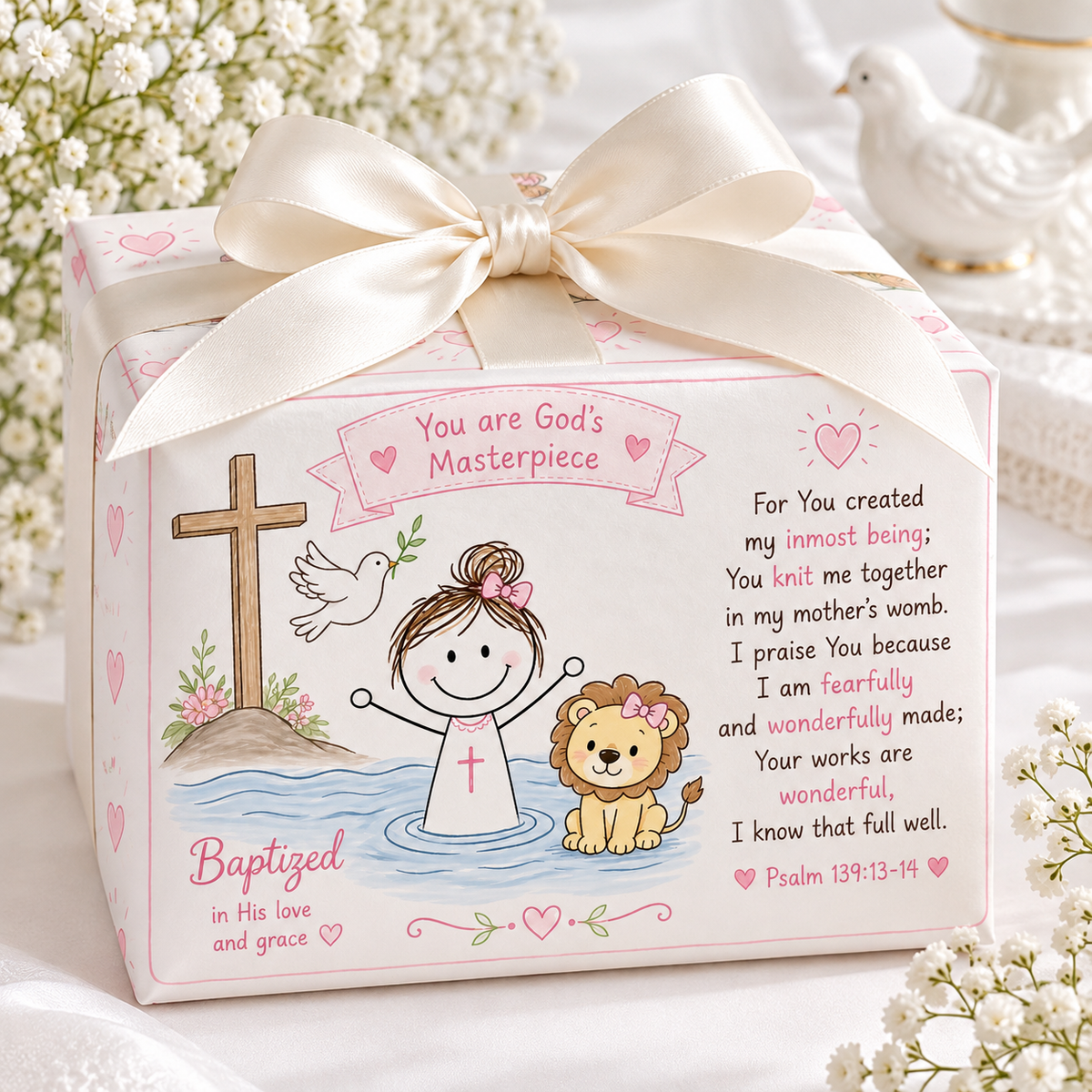 Little Lioness of Faith – Baby Girl Baptism Wrapping Paper-2