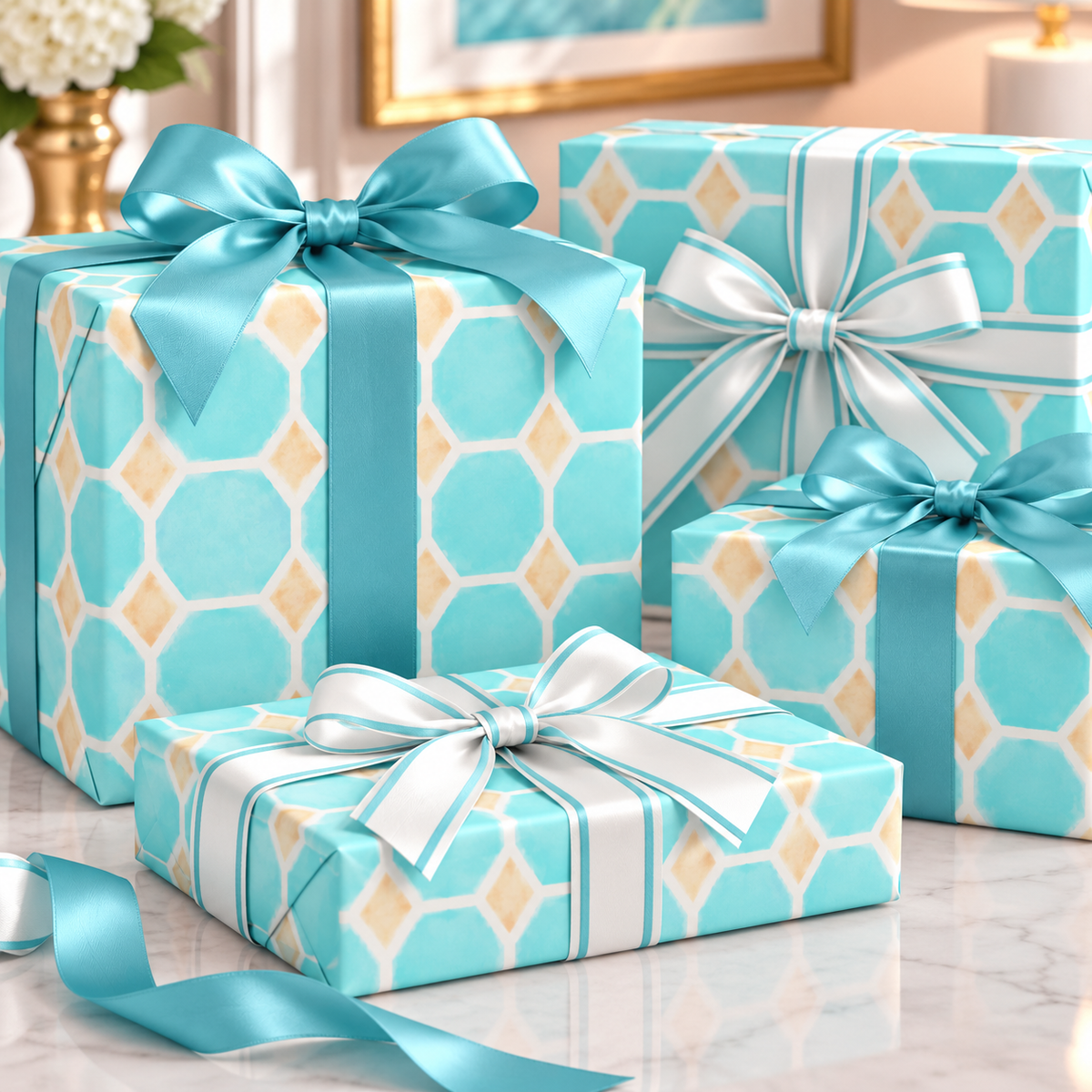 Aqua Honeycomb Wrapping Paper