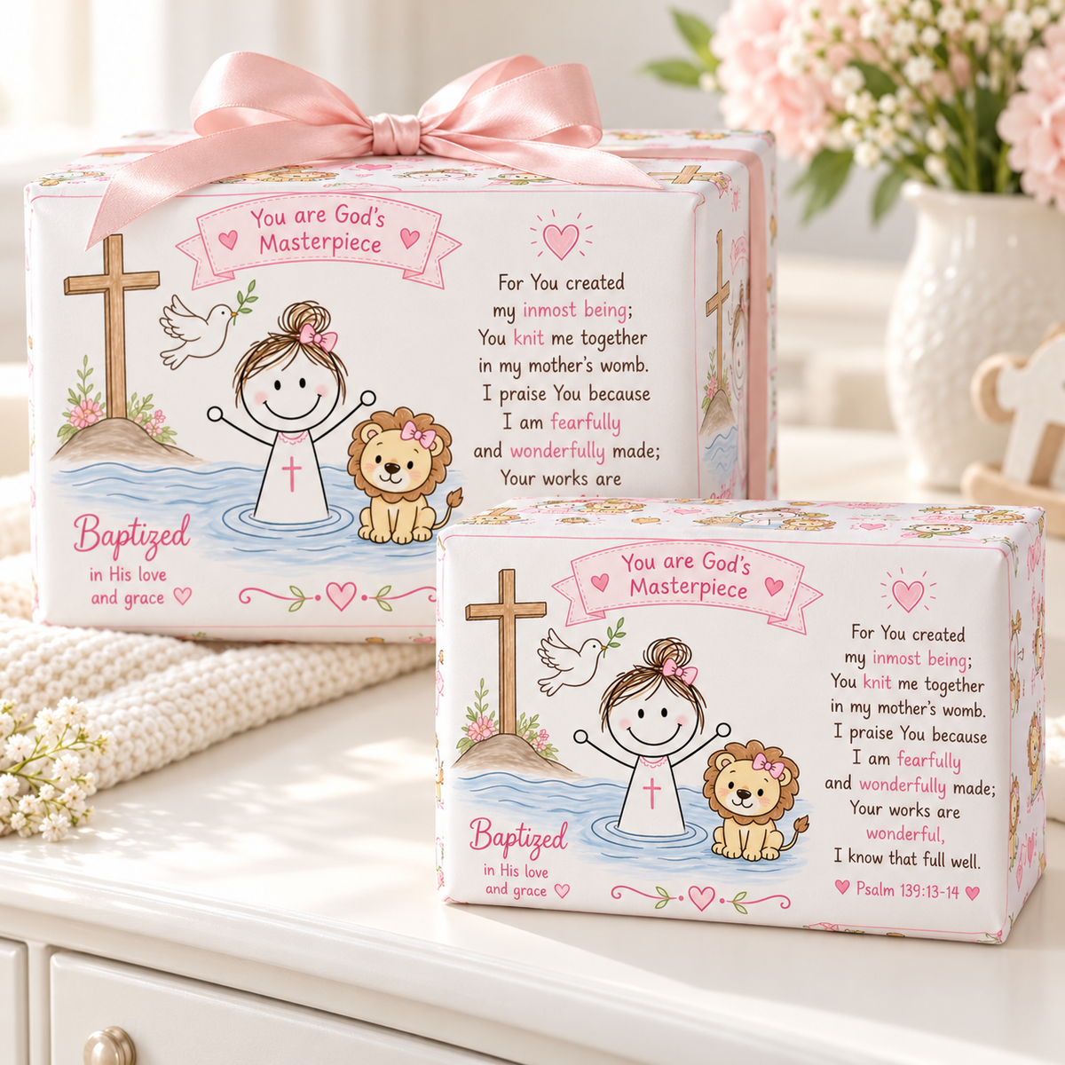 Little Lioness of Faith – Baby Girl Baptism Wrapping Paper-zoom-1