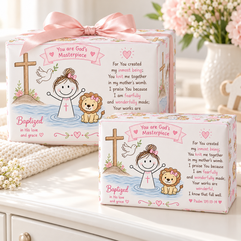 Little Lioness of Faith – Baby Girl Baptism Wrapping Paper-zoom-